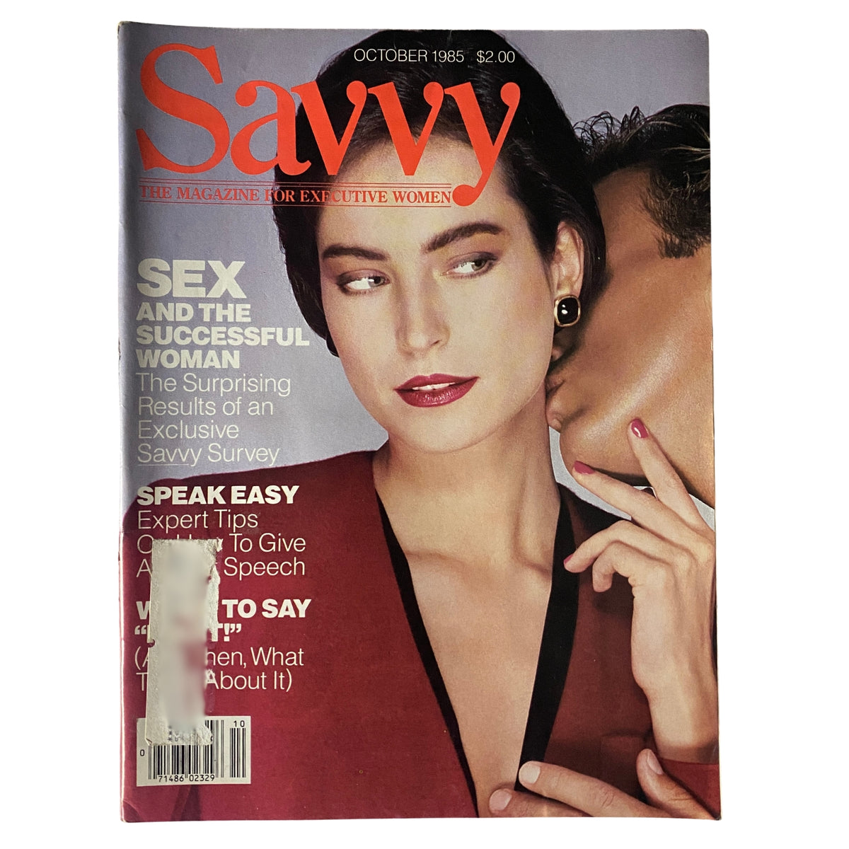 Savvy Magazine October 1985 cover featuring a stylish woman with bold makeup and a captivating expression. The title reads 'Savvy: The Magazine for Executive Women' with highlighted articles on sex and success, along with tips on effective speaking.