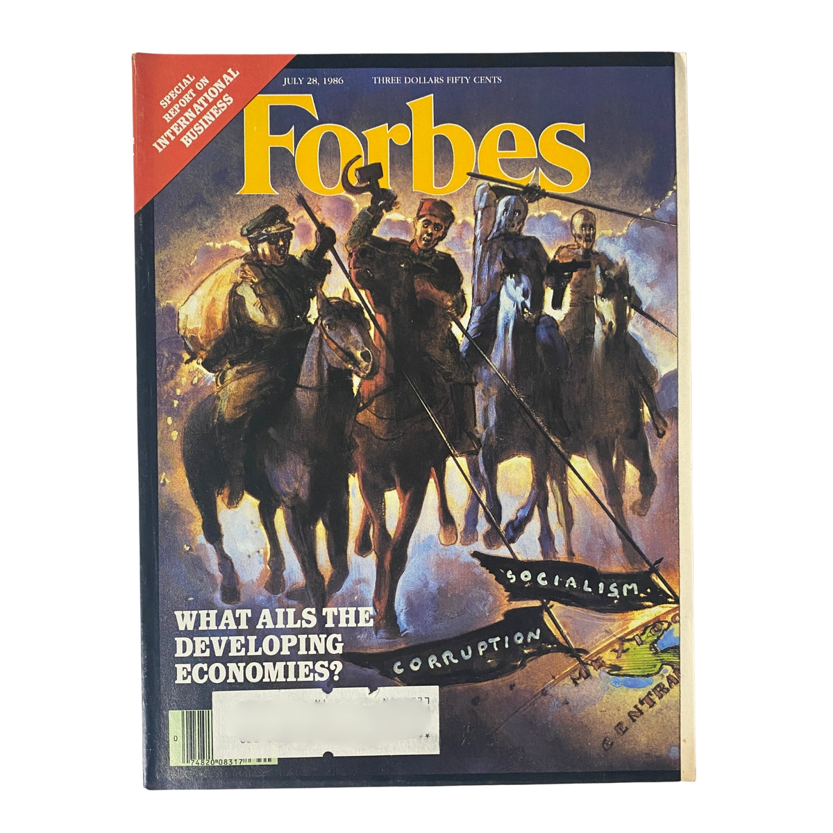 Forbes Magazine cover from July 28, 1986 featuring the title 'The Four Horsemen Ride Again', illustrating themes of socialism and corruption impacting developing economies.