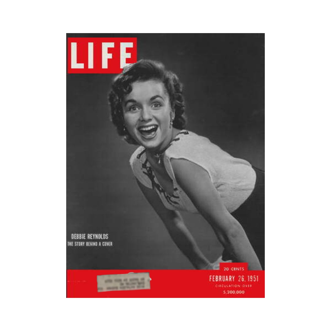Vintage Life Magazine cover from February 26, 1951, featuring actress Debbie Reynolds, showcasing her lively expression and classic 1950s style.