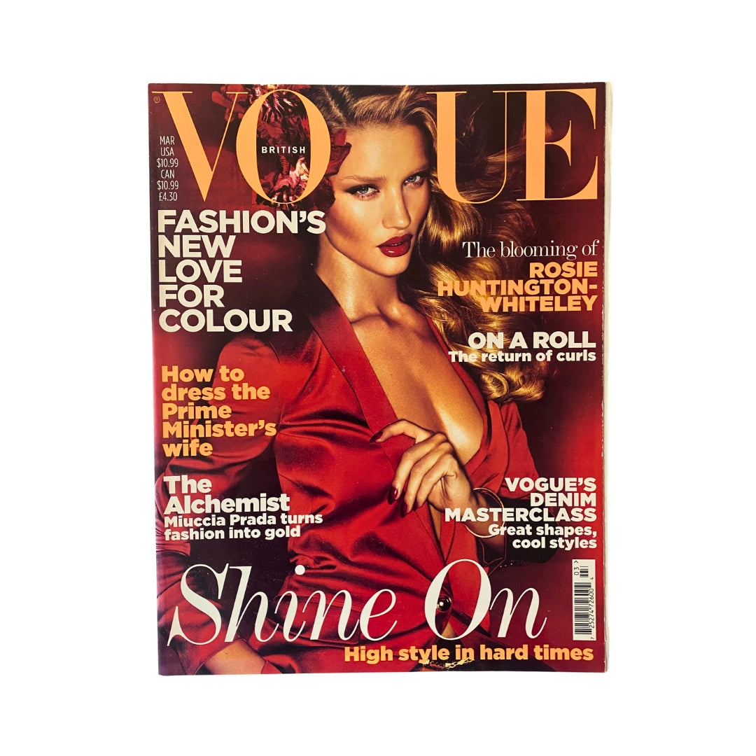 Vogue UK Magazine March 2011 featuring Rosie Huntington-Whiteley on the cover, showcasing high fashion trends and style from the early 2011 era.