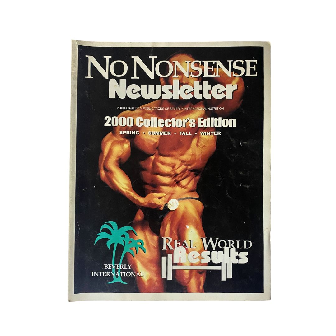 No Nonsense Newsletter 2000 Collector's Edition cover featuring a muscular man, highlighting 'Real World Results' and the publisher 'Beverly International'.
