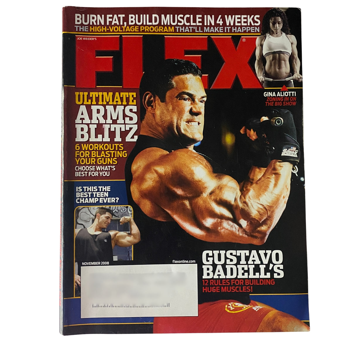 Flex Magazine November 2008 Cover featuring Gustavo Badell showcasing bodybuilding muscles and Gina Aliotti in athletic pose, promoting fitness insights and strength training techniques.