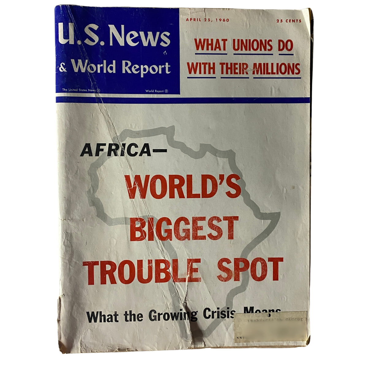 Cover of U.S. News & World Report Magazine from April 25, 1960 featuring the title 'Africa—World's Biggest Trouble Spot' and an outline of Africa. This vintage magazine examines critical global issues of its time.