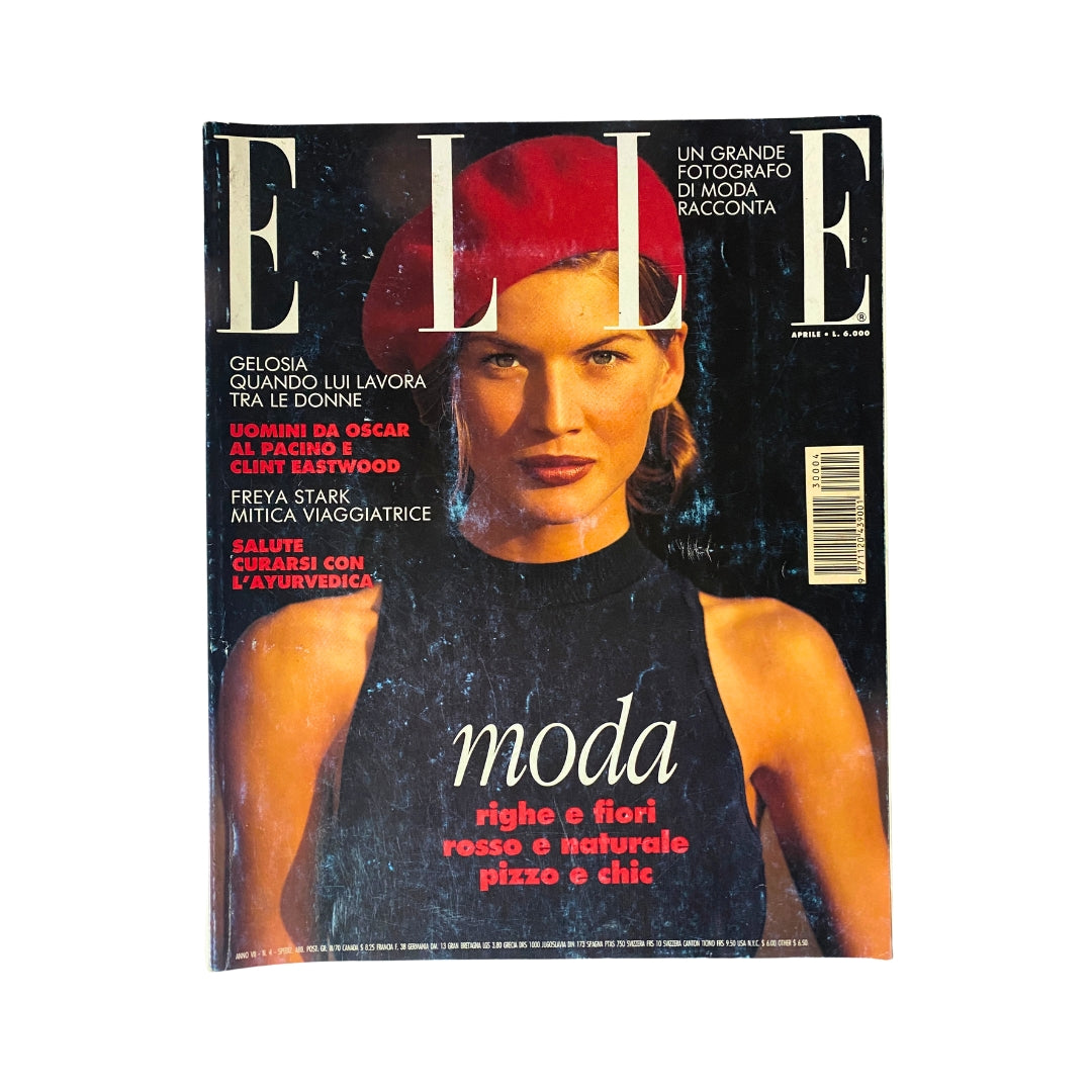 Cover of Elle Italia Magazine from April 1993 featuring model Barbara Milewicz in a striking red beret, highlighting fashion and lifestyle trends from the 90s.