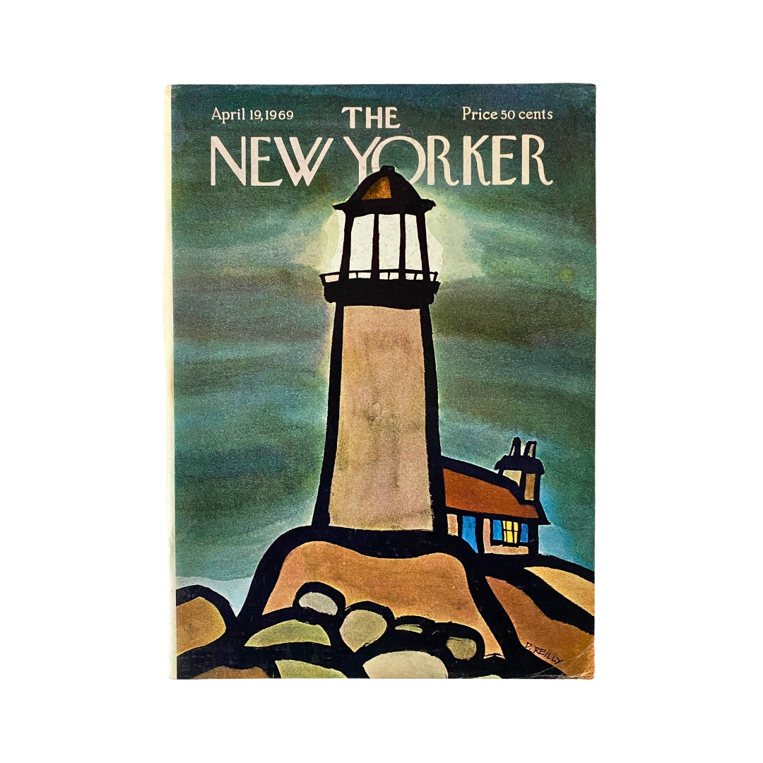 The New Yorker Complete Magazine April 19, 1969 featuring a Donald Reilly cover illustration of a lighthouse, capturing the essence of 1960s American culture.