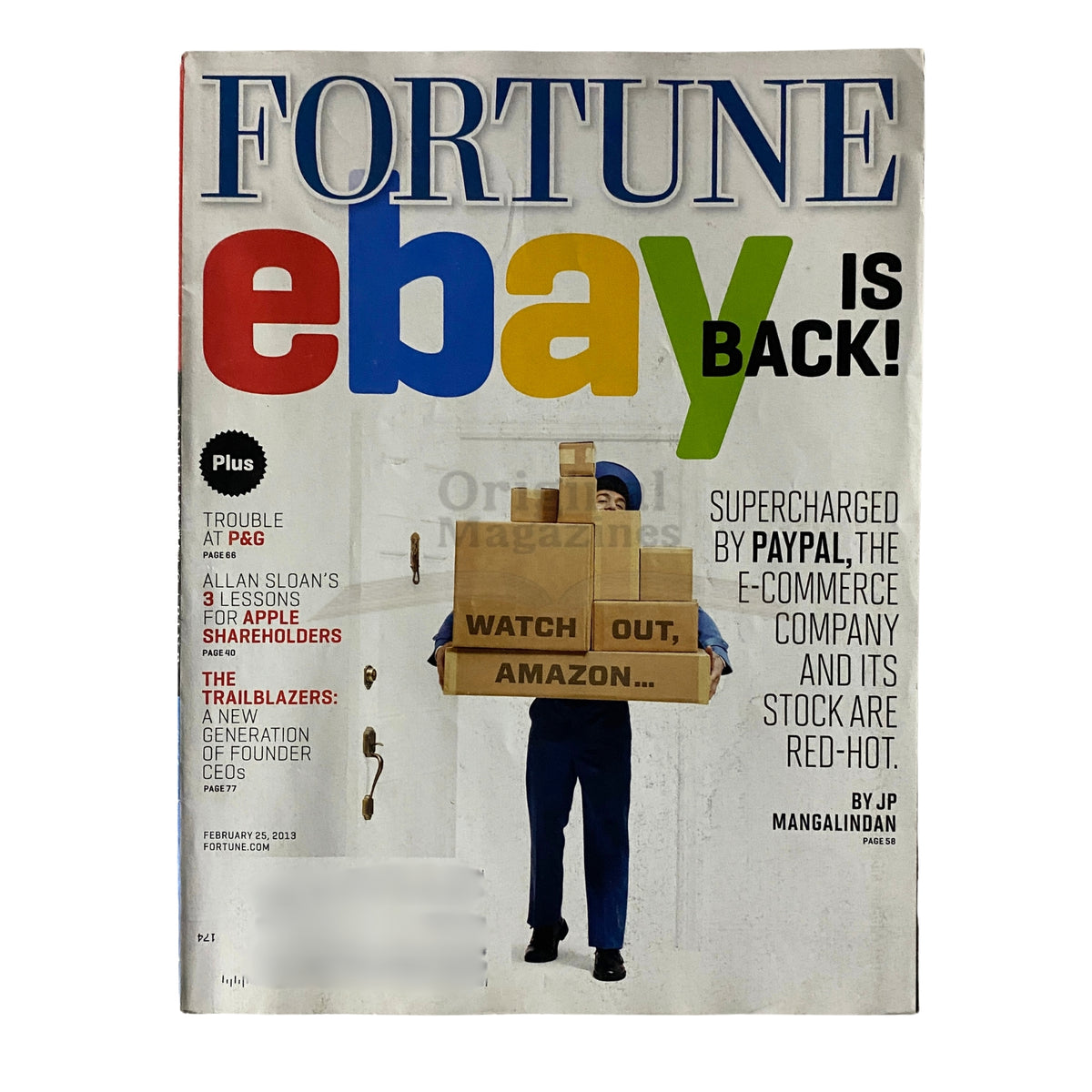 Fortune Magazine February 25, 2013 cover featuring the headline 'EBAY IS BACK! Supercharged by PayPal' with a person holding a box, emphasizing the competitive landscape in e-commerce against Amazon.
