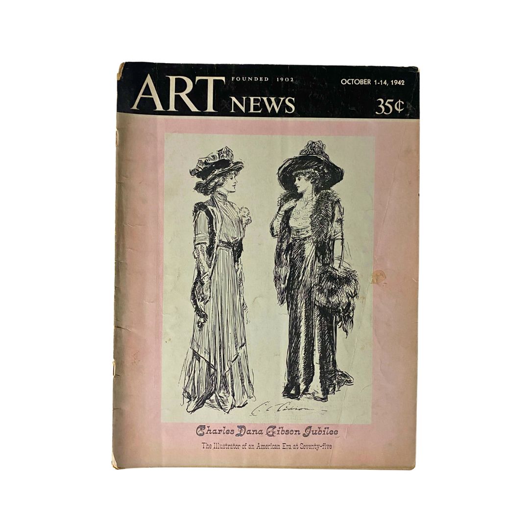 Cover of the vintage magazine 'Art News' from October 1, 1942, featuring an illustration titled 'Charles Dana Gibson Jubilee' that showcases two women in elegant hats and attire, celebrating the work of renowned illustrator Charles Dana Gibson.