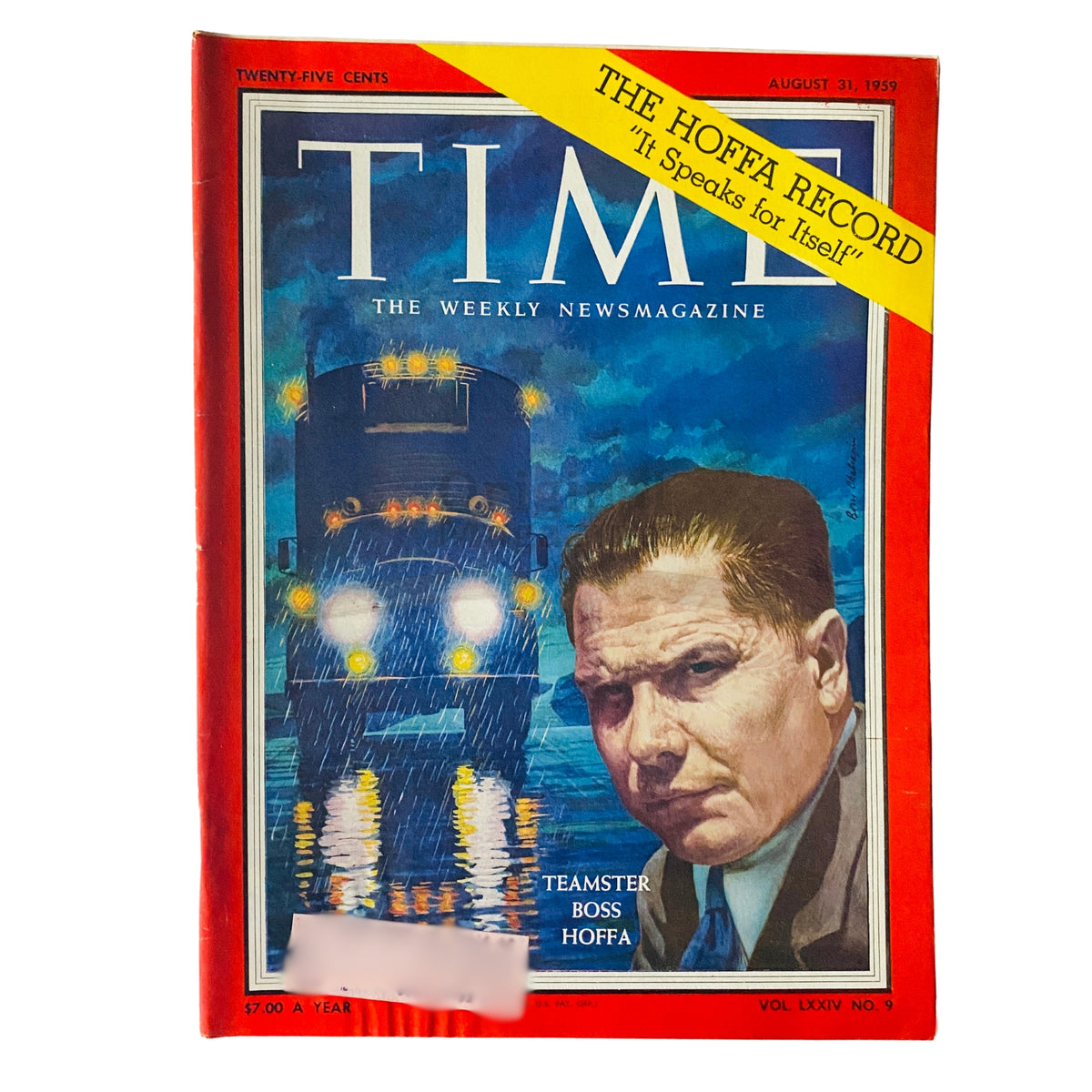 Time Magazine August 31 1959 cover featuring a portrait of Teamster boss Jimmy Hoffa against a rainy backdrop. The magazine highlights the influential role of Hoffa in labor history.