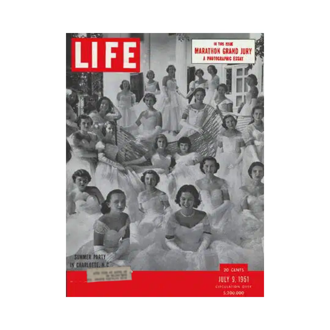 Cover of VTG Life Magazine July 9, 1951 featuring a summer party in Charlotte, NC, showcasing multiple women dressed in elegant white attire, highlighting the vibrant social culture of post-war America.