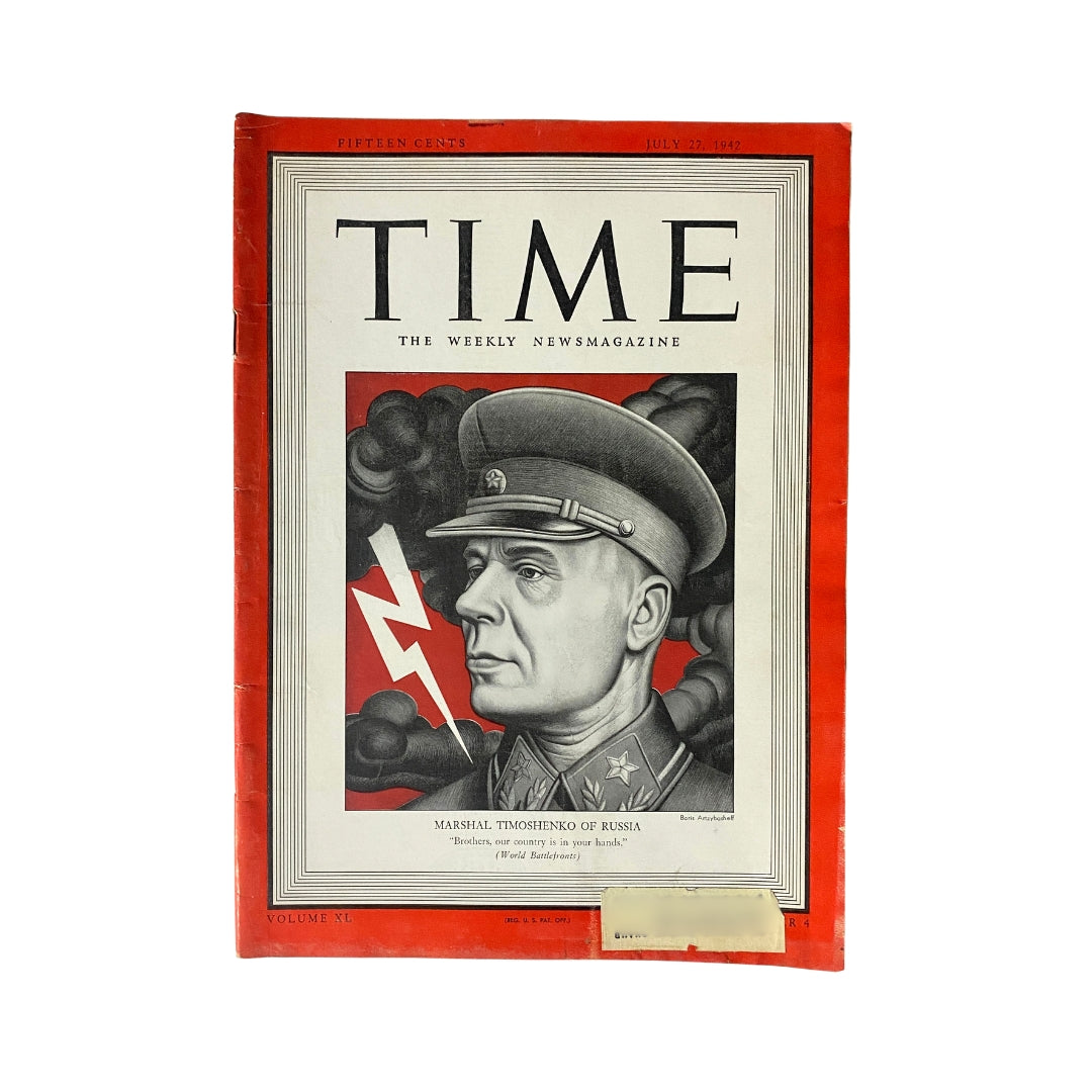 VTG Time Magazine July 27, 1942 Vol 40 No. 4 featuring Marshal Timoshenko of Russia on the cover, showcasing a historical depiction relevant to World War II.