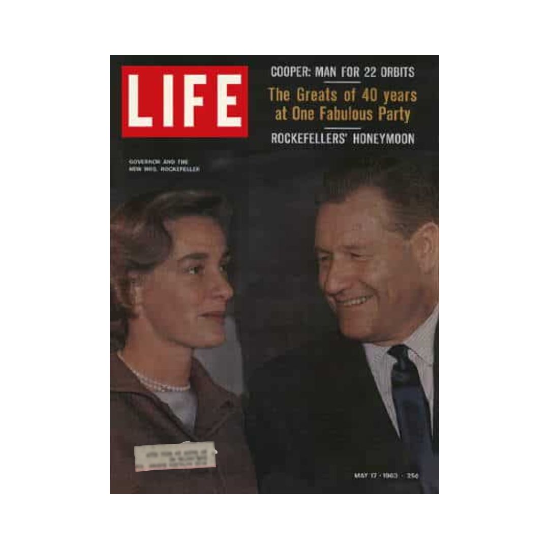 VTG Life Magazine May 17, 1963 cover featuring Governor Nelson Rockefeller and his wife on their honeymoon, showcasing a significant moment in American history.