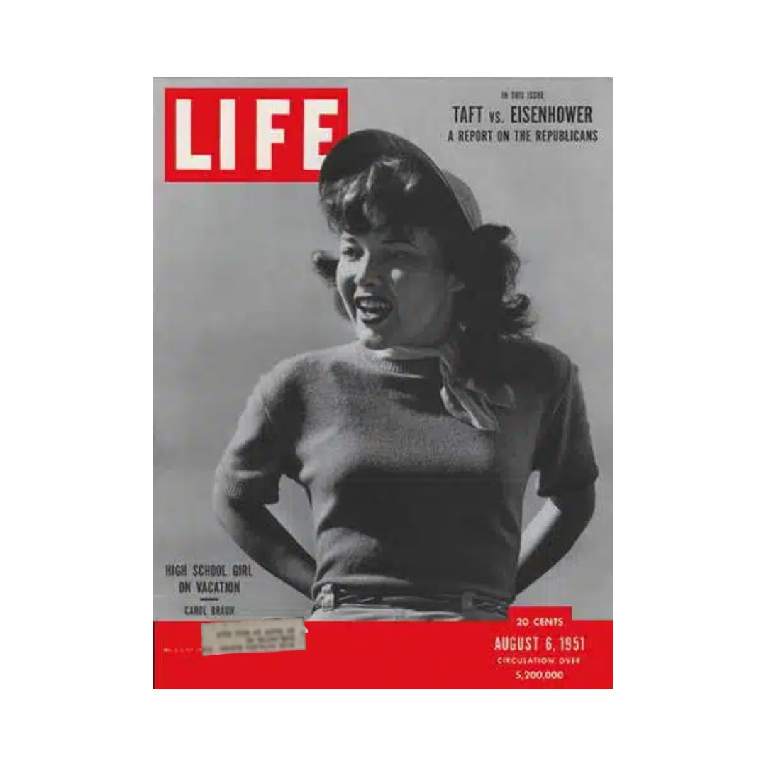 VTG Life Magazine August 6, 1951 cover featuring high school girl Carol Braun, showcasing a vintage snapshot of American culture with a striking red and black design.