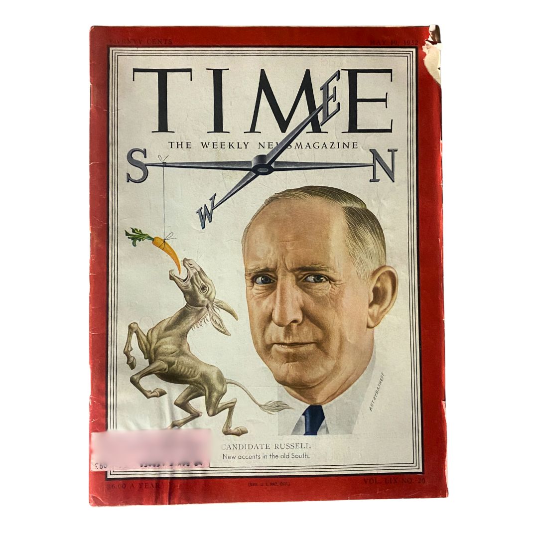 Cover of VTG Time Magazine from May 19, 1952, featuring Richard Russell, showcasing a unique illustration of the candidate alongside a whimsical drawing of a goat.