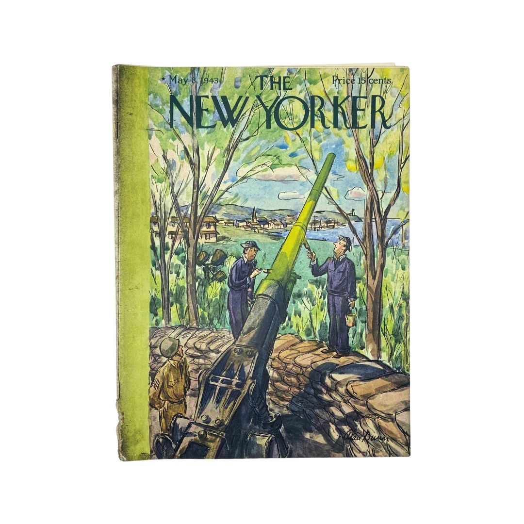 The New Yorker Complete Magazine May 8, 1943 Cover featuring a colorful illustration of two figures in a landscape with a cannon.