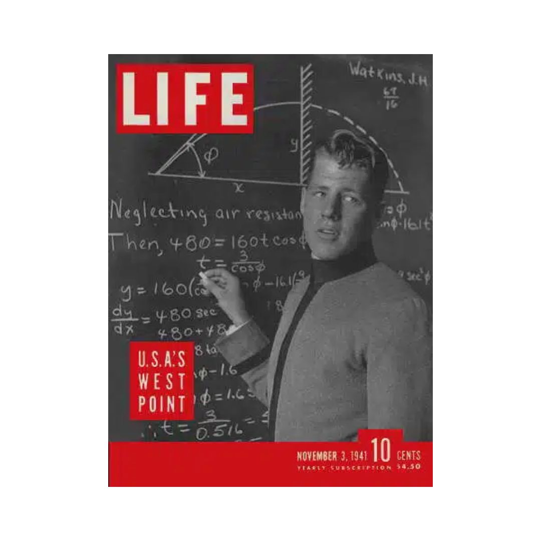 Cover of VTG Life Magazine from November 3, 1941, featuring West Point Cadet Watkins with chalkboard equations, reflecting academic life and military education.