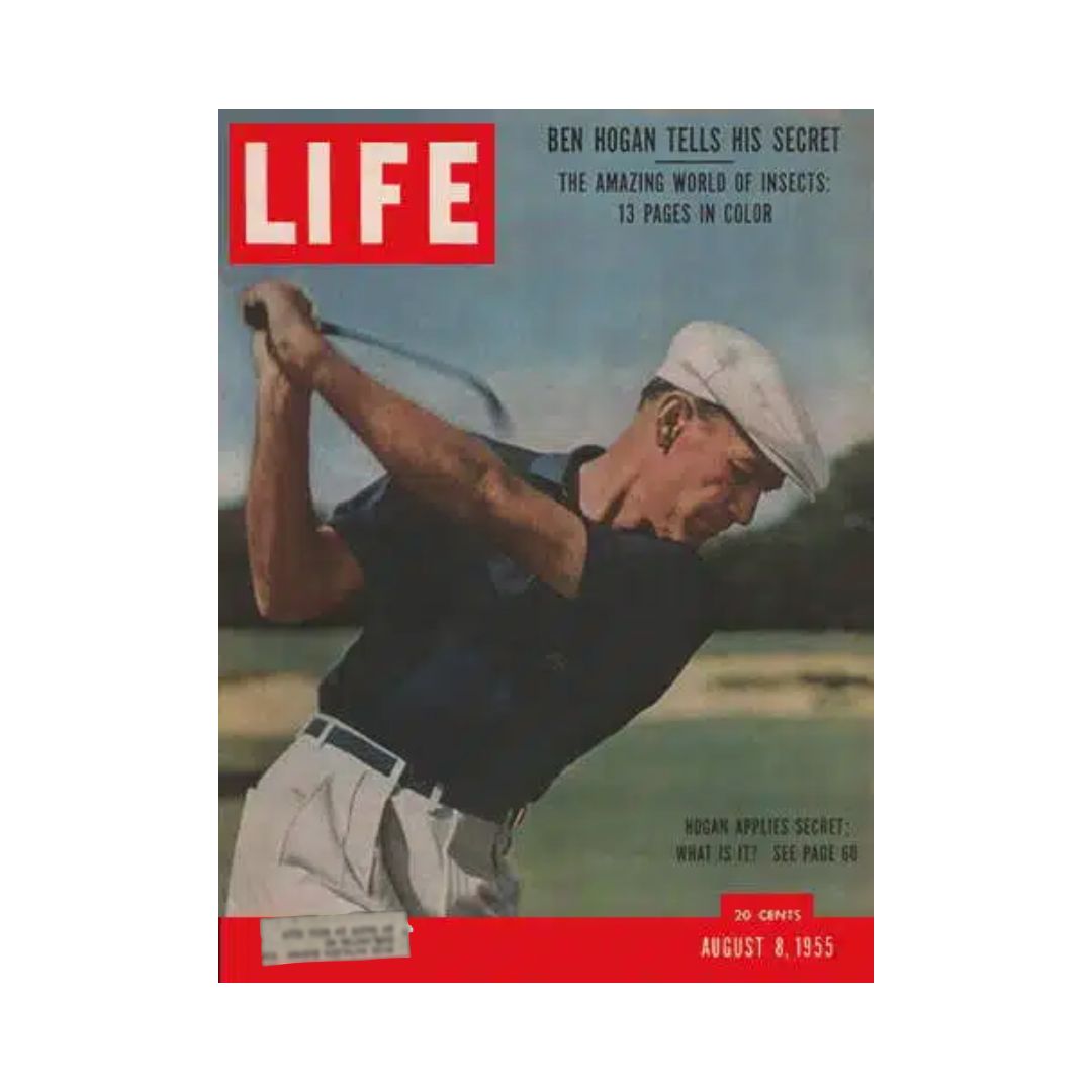 VTG Life Magazine August 8, 1955 featuring Ben Hogan sharing his golf secrets with an iconic cover image showcasing Hogan's swing. The magazine also highlights the amazing world of insects with 13 pages in color.