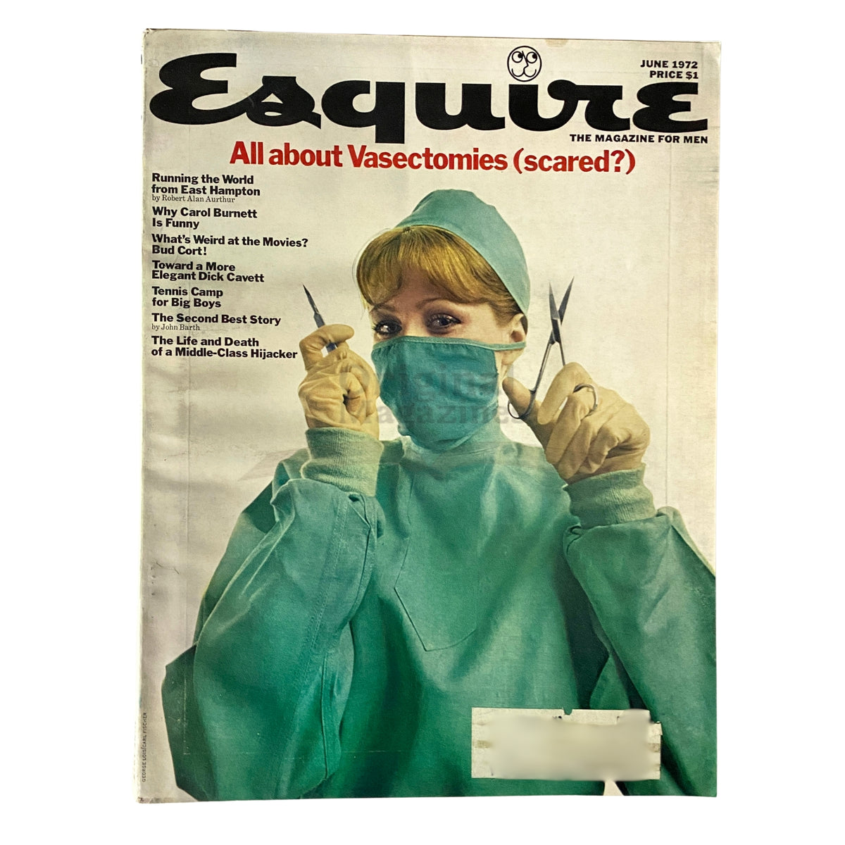 Cover of Esquire Magazine June 1972 featuring the title 'All About Vasectomies (scared?)' with a female figure in surgical attire holding scissors.