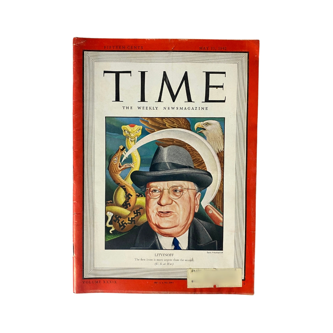 VTG Time Magazine May 11, 1942 featuring Russian diplomat Maxim Litvinov on the cover, with artistic illustrations symbolizing geopolitical themes of World War II.