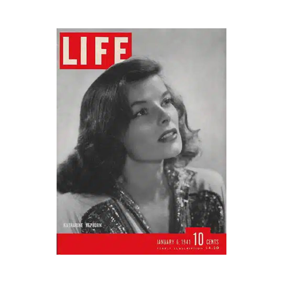 Vintage Life Magazine cover from January 6, 1941, featuring Katherine Hepburn. The magazine showcases a striking black and white portrait of Hepburn with a bold red title, ideal for collectors and fans of classic Hollywood.
