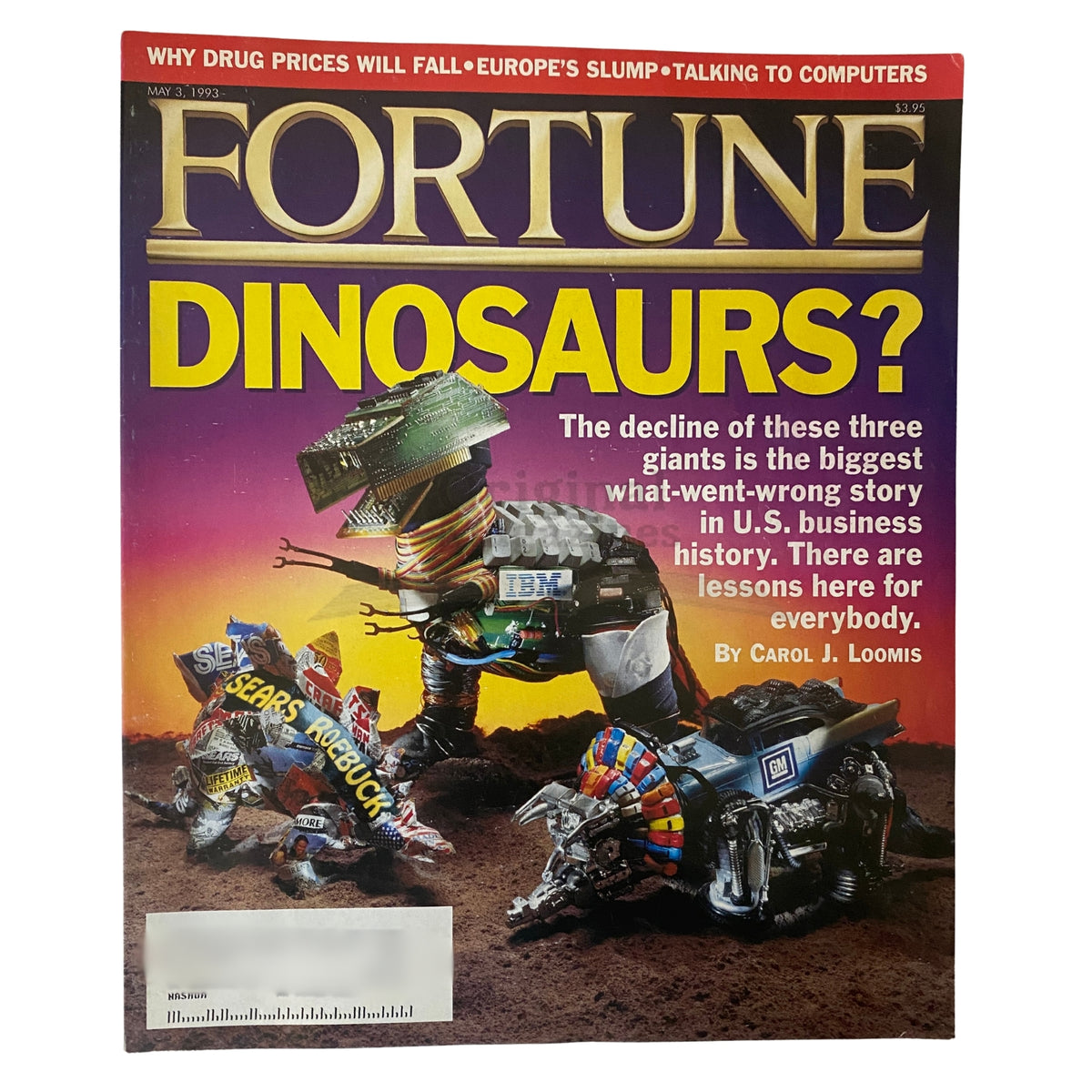 Cover of Fortune Magazine, May 3, 1993, titled 'Dinosaurs? The decline of these three giants is the biggest what-went-wrong story in U.S. business history' featuring a visually striking illustration.