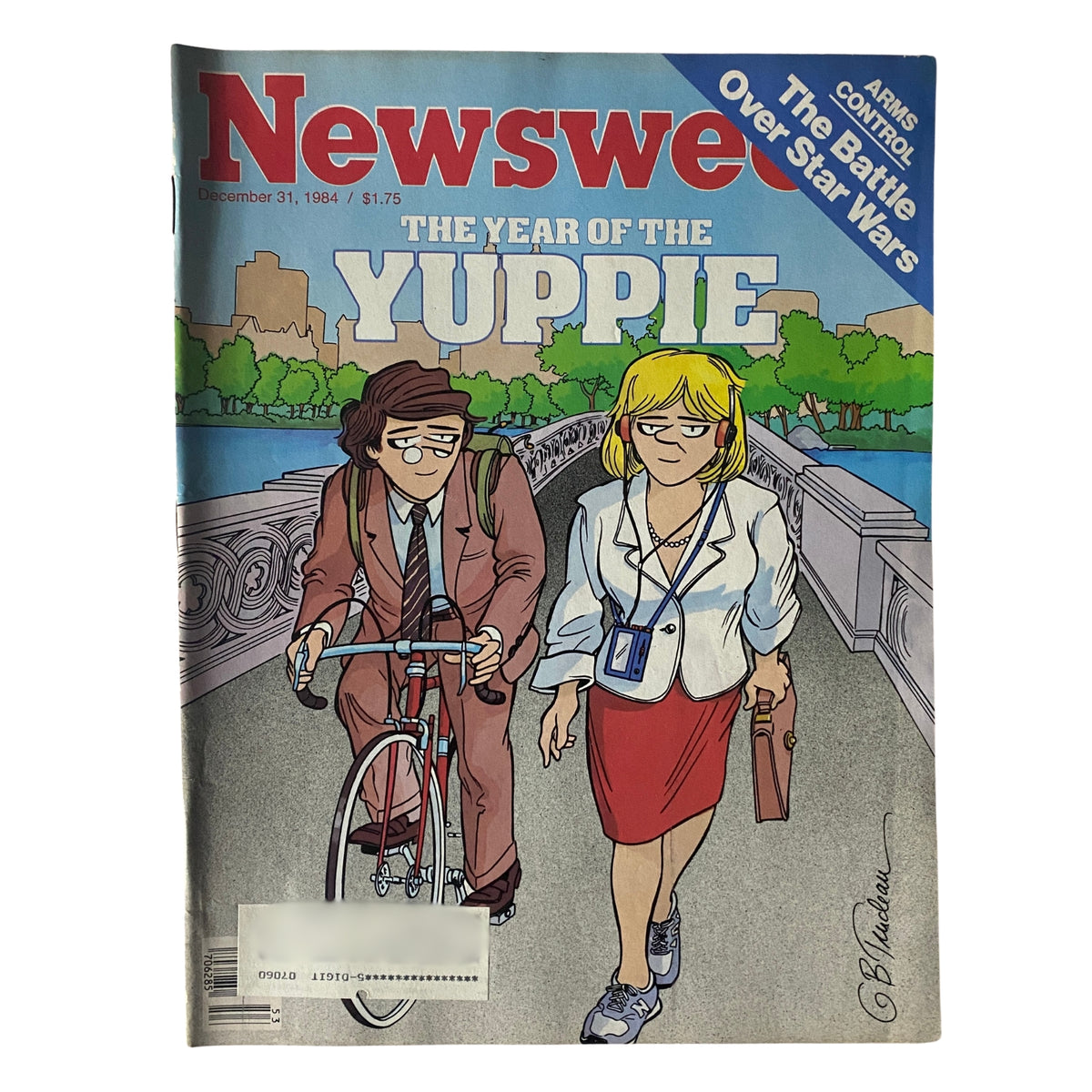 Newsweek Magazine cover from December 31, 1984, titled 'The Year of the Yuppie', featuring an illustrated couple walking in a park, with a man on a bicycle and a woman in professional attire.