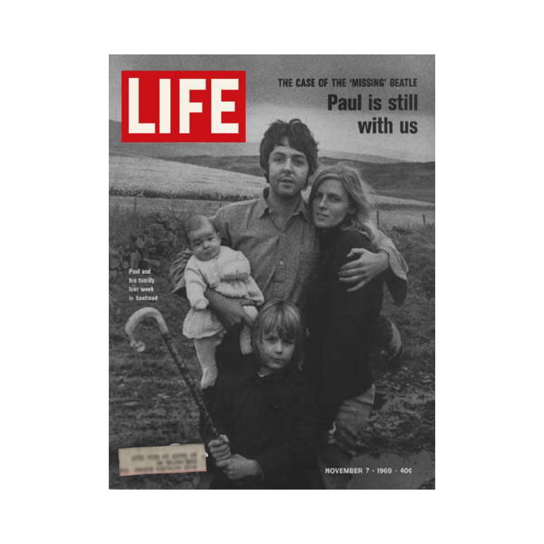 Cover of Life Magazine, November 7, 1969, featuring Paul McCartney with Linda, their children, and a caption about the 'missing' Beatle. This vintage magazine is a collectible item capturing a significant moment in music history.