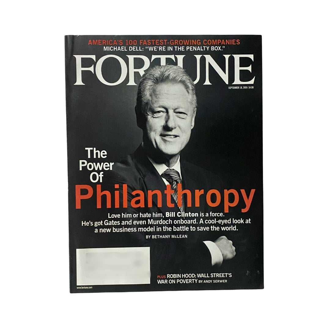 Fortune Magazine cover from September 18, 2006 featuring Bill Clinton with the title 'The Power of Philanthropy' highlighting his philanthropic influence and initiatives.