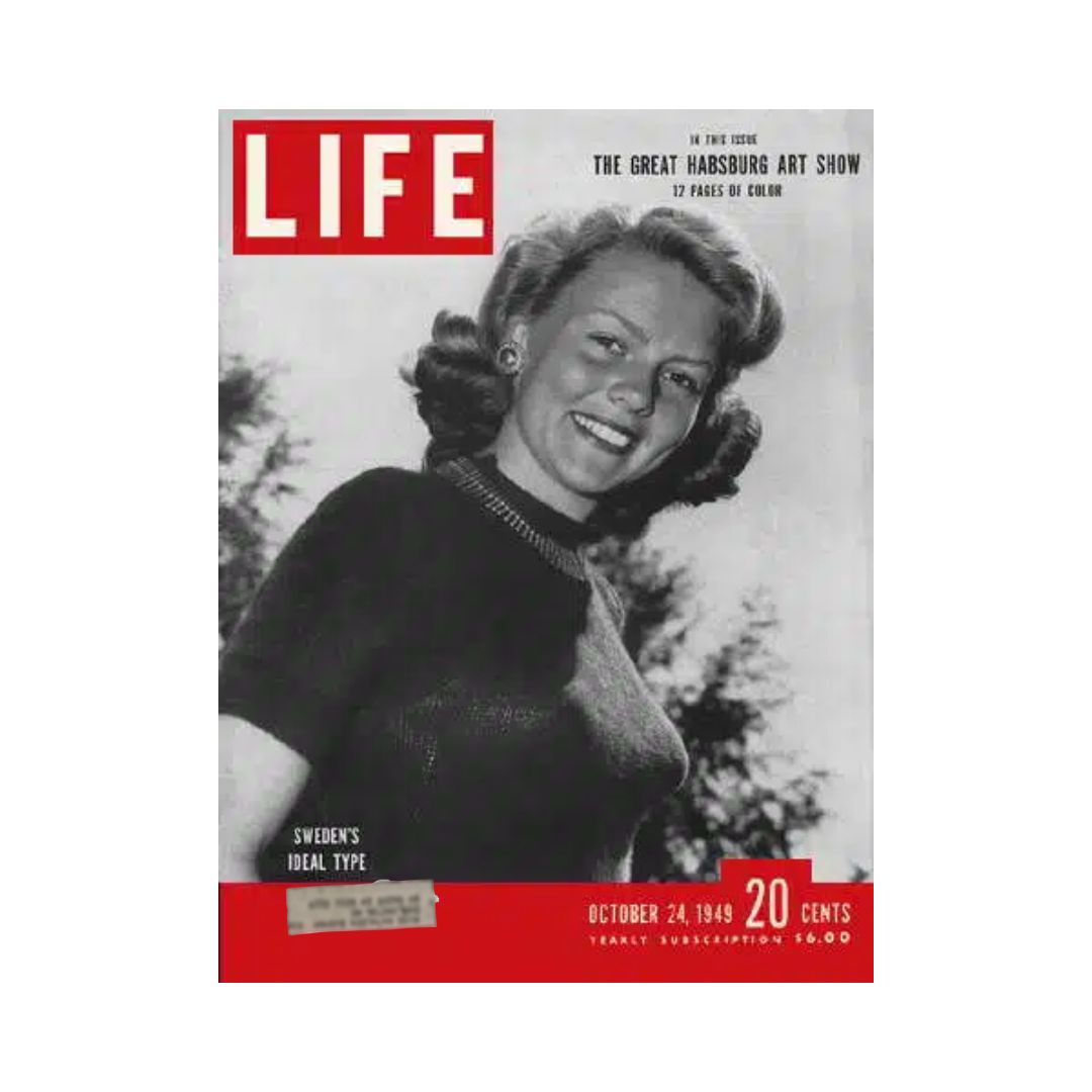 VTG Life Magazine Cover from October 24, 1949 featuring Sweden's Haide Goranson, showcasing a vintage design and historical content.