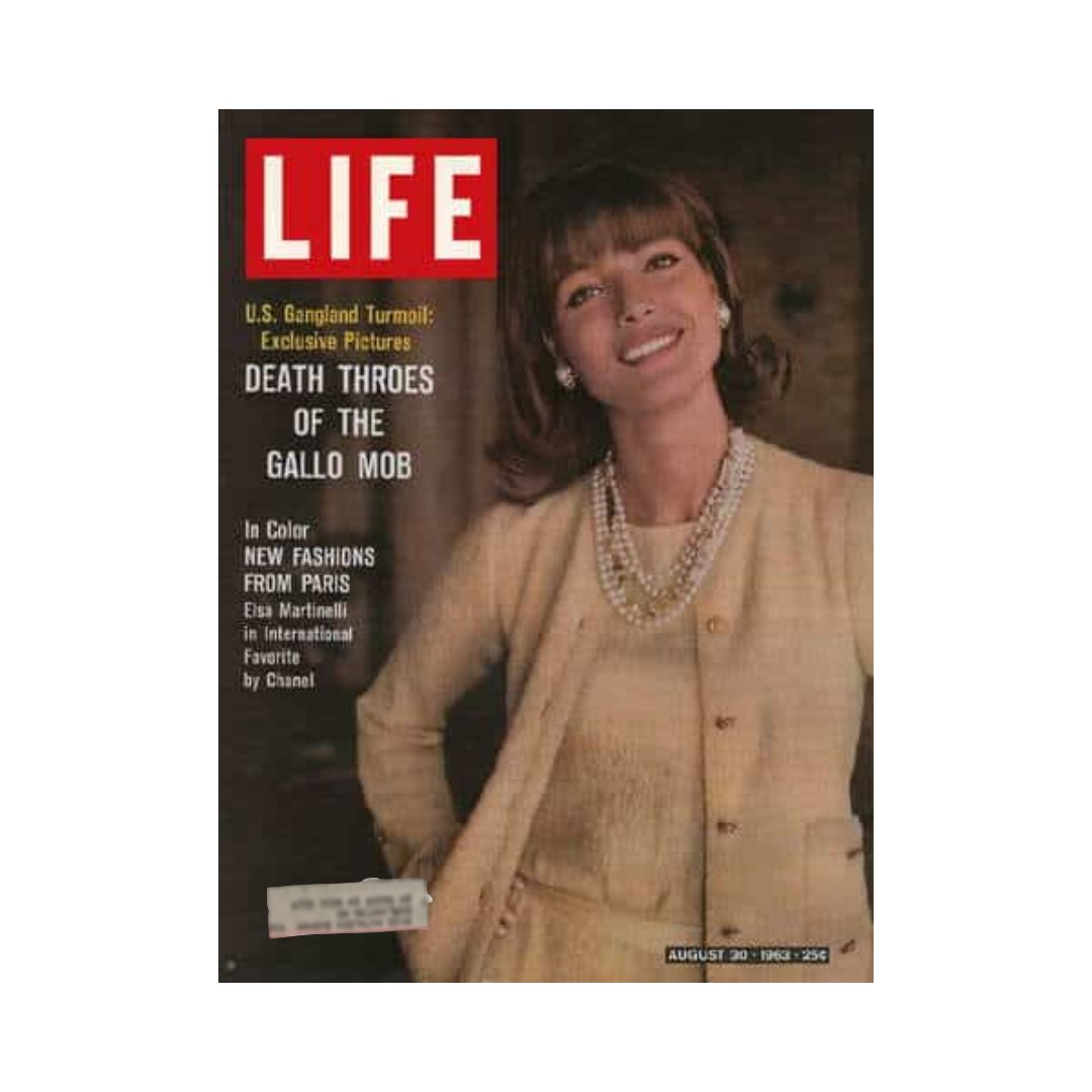 Cover of VTG Life Magazine from August 30, 1963, featuring Elsa Martinelli in Chanel Paris fashion, highlighting 1960s style and iconic editorial content.