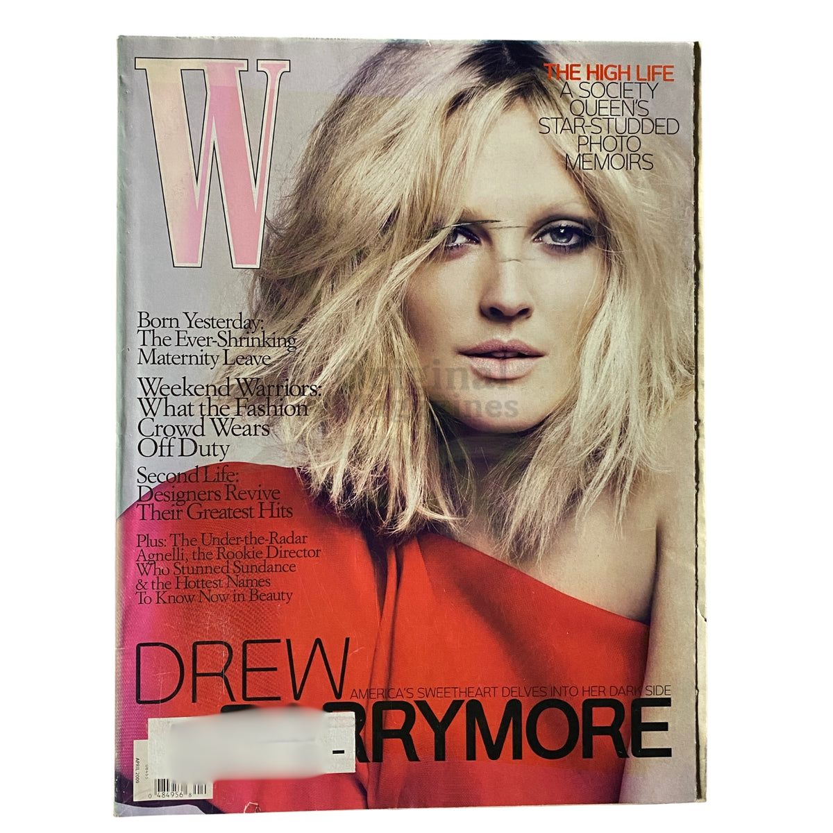 Cover of W Magazine April 2009 featuring actress Drew Barrymore, highlighting her beauty and style, important for vintage magazine collectors.