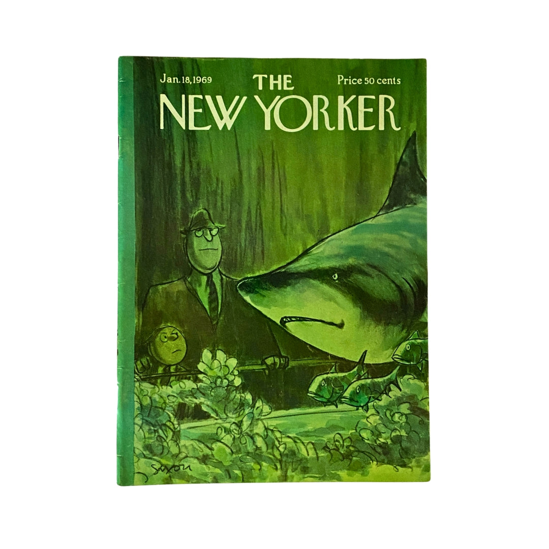 The New Yorker Complete Magazine January 18, 1969 Charles Saxon Cover featuring a cartoon illustration of a man with a shark in a green setting, highlighting its unique vintage design and artistic elements.