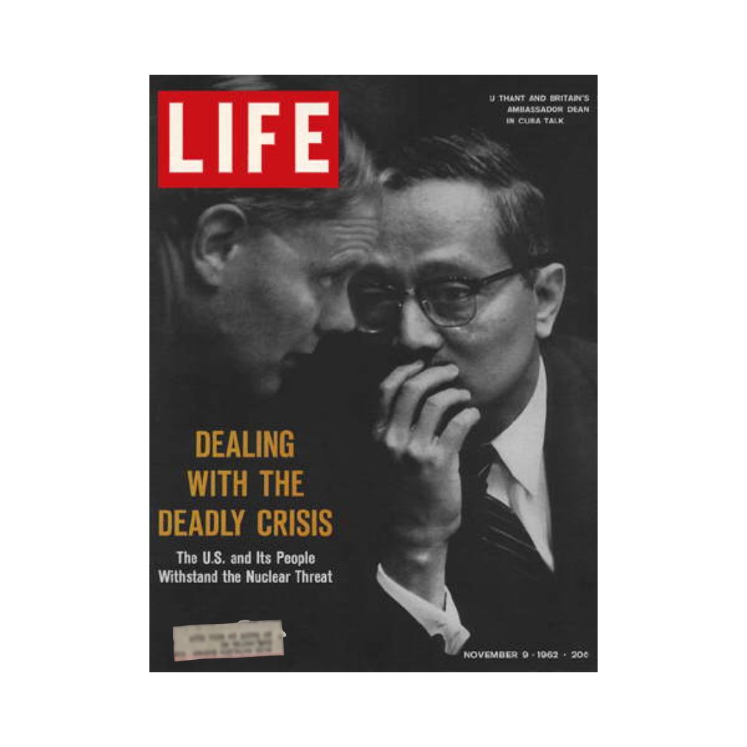 Life Magazine cover featuring the title 'VTG Life Magazine November 9, 1962 Cuban Missile Crisis Negotiations' showing two men in discussion, highlighting the tensions of the Cold War era.