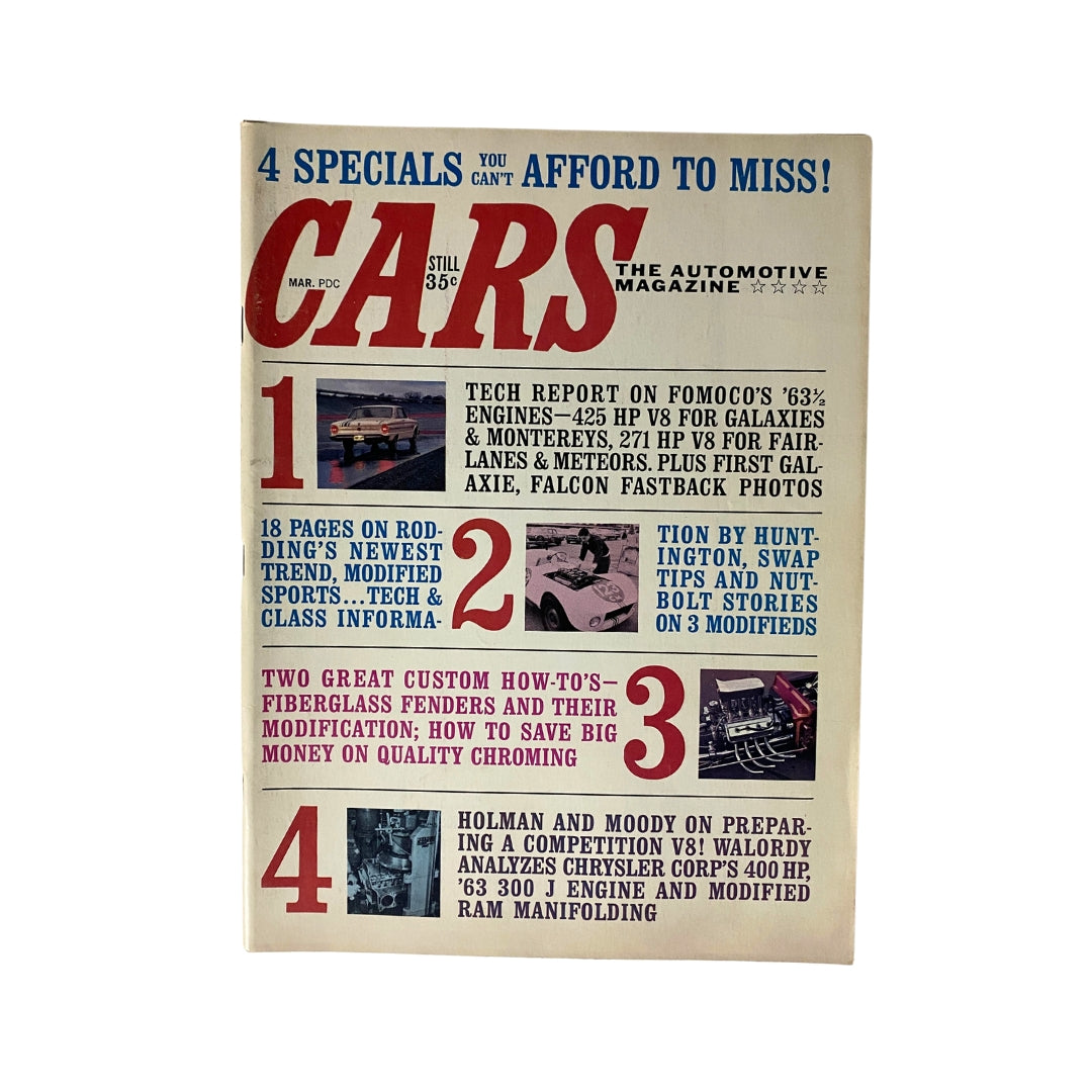 Front cover of VTG Cars Magazine March 1963 featuring articles on automotive techniques including saving money on chroming, detailed tech reports, and modified sports cars.