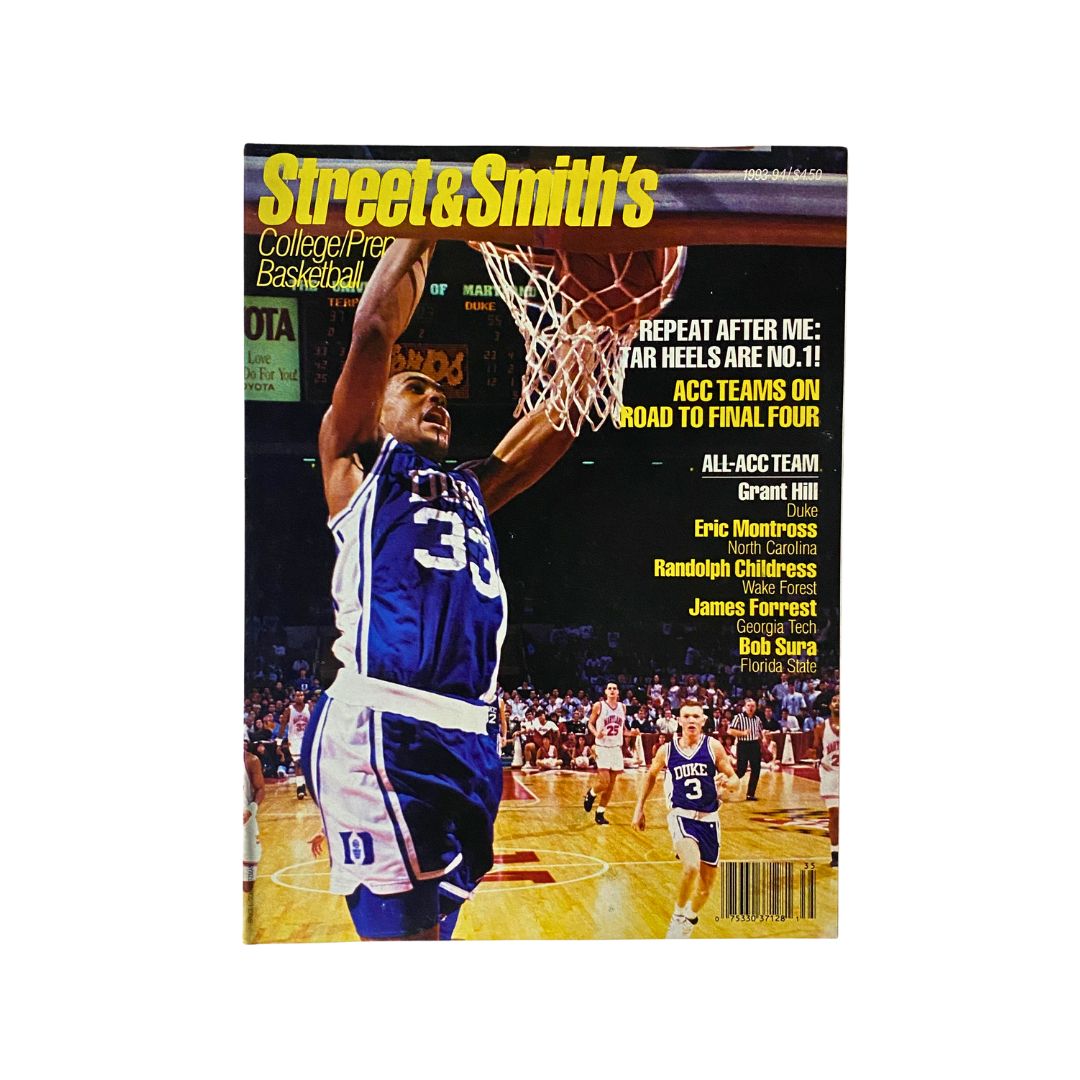 Cover of Street & Smith's College/Prep Basketball 1993-1994 Grant Hill No Label magazine featuring a basketball player dunking, with highlights on the All-ACC Team including Grant Hill, Eric Montross, Randolph Childress, James Forrest, and Bob Sura, capturing the essence of college basketball in 1993-1994.