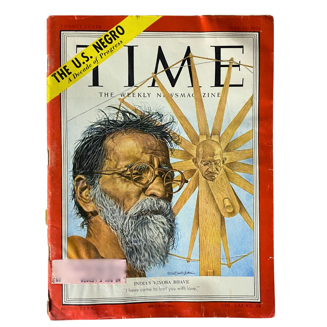 VTG Time Magazine May 11, 1953 Vol 61 No. 19 featuring India's Vinoba Bhave on the cover, with a striking illustration and text regarding social reform.