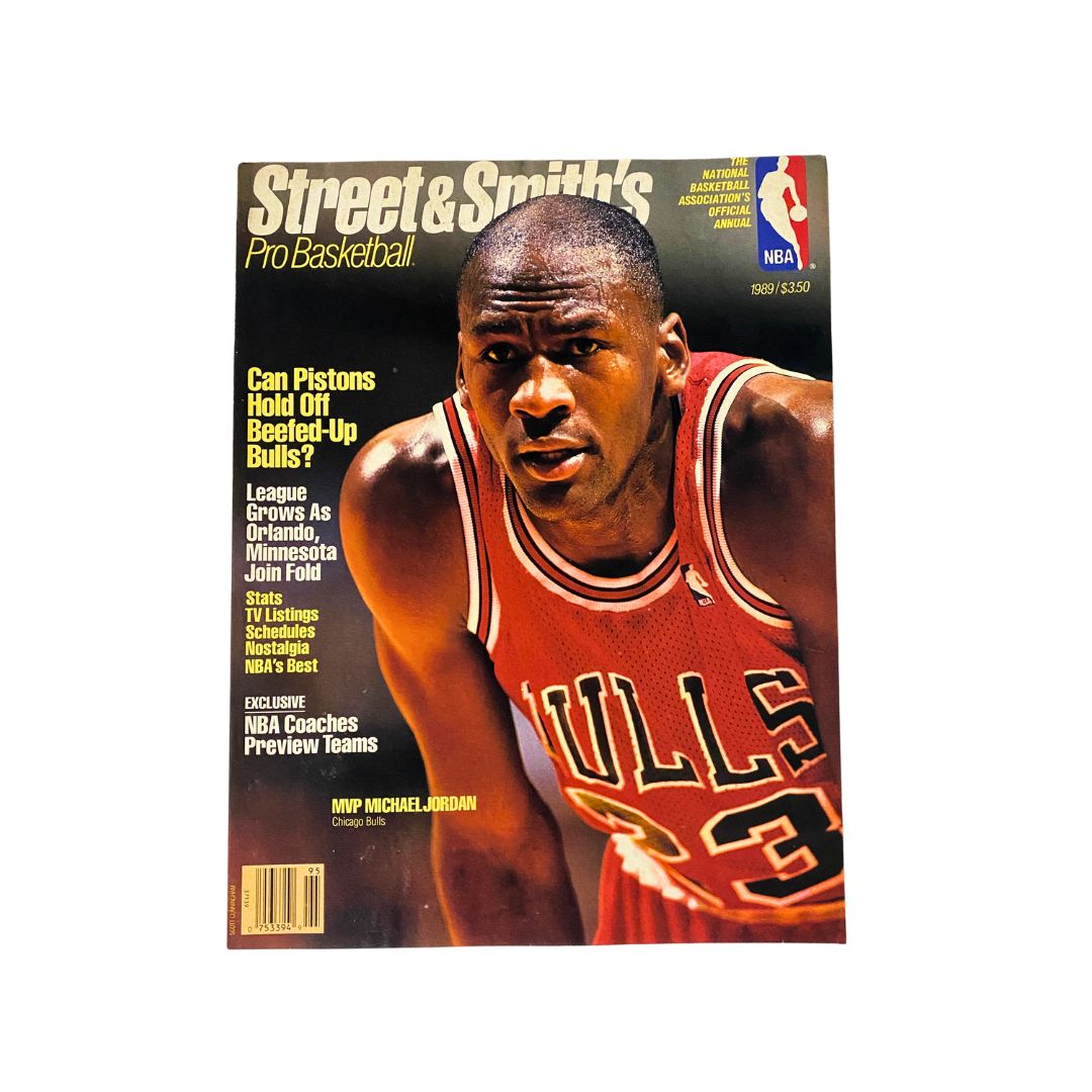 Street & Smith's Pro Basketball Magazine cover featuring 1989 MVP Michael Jordan, showcasing him in a Chicago Bulls jersey with headlines discussing NBA team dynamics.