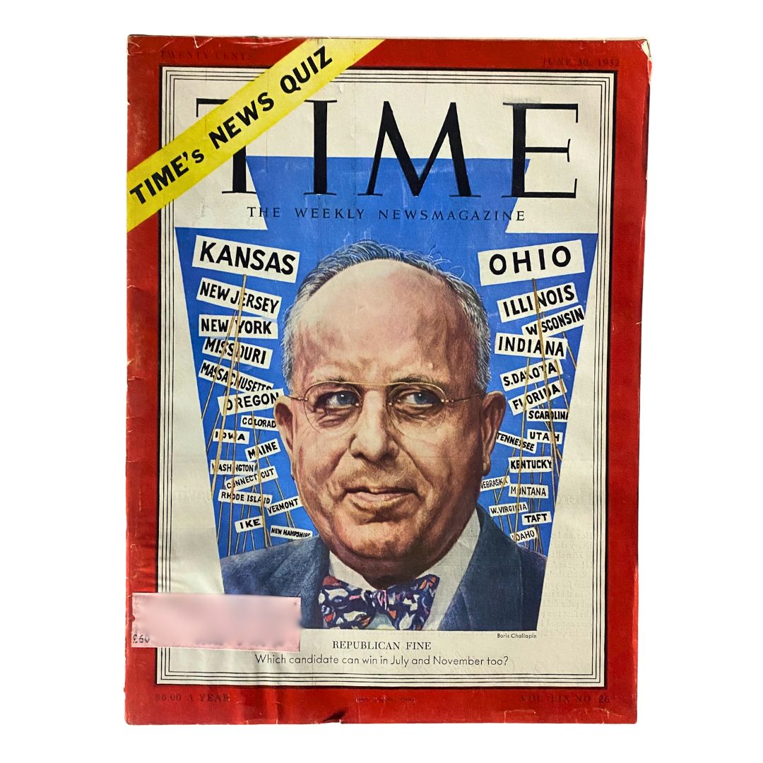 VTG Time Magazine June 30, 1952 with Republican John S. Fine on the cover, featuring a colorful illustration and headlines related to politics and states.