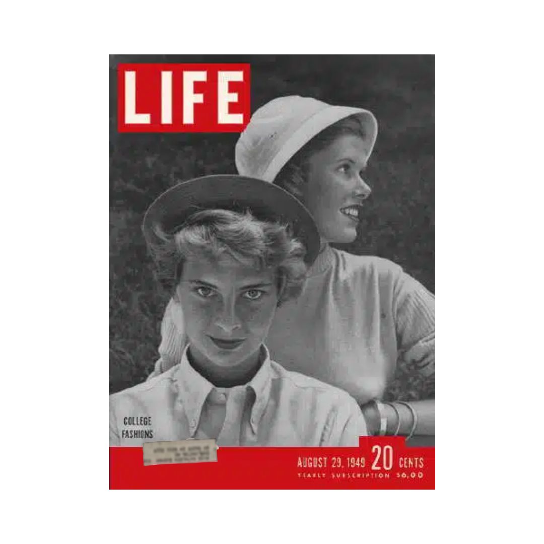 Cover of VTG Life Magazine dated August 29, 1949, showcasing college fashion trends with two women in stylish outfits.