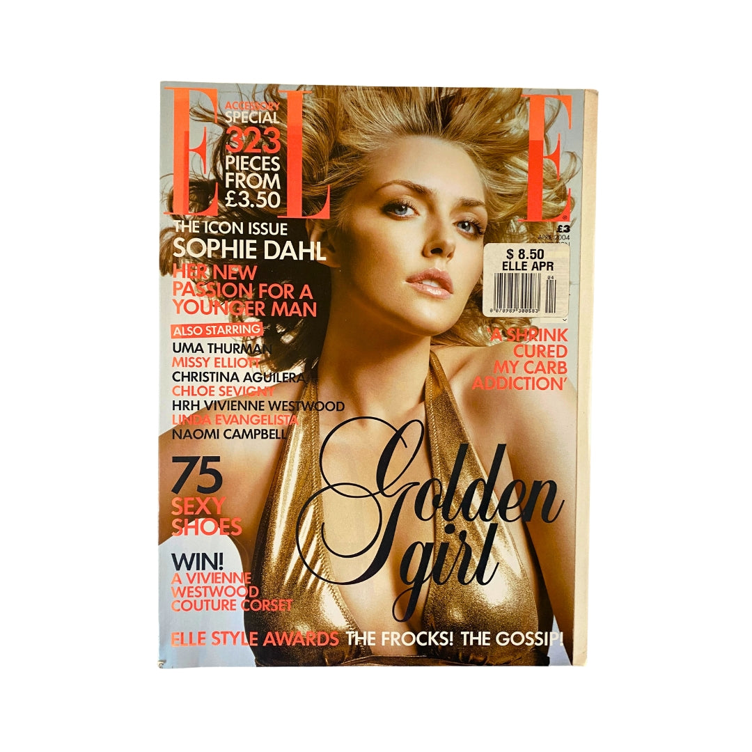 Cover of Elle UK Magazine April 2004 featuring Sophie Dahl, highlighting themes of fashion with the caption 'Golden Girl' and articles on beauty trends.