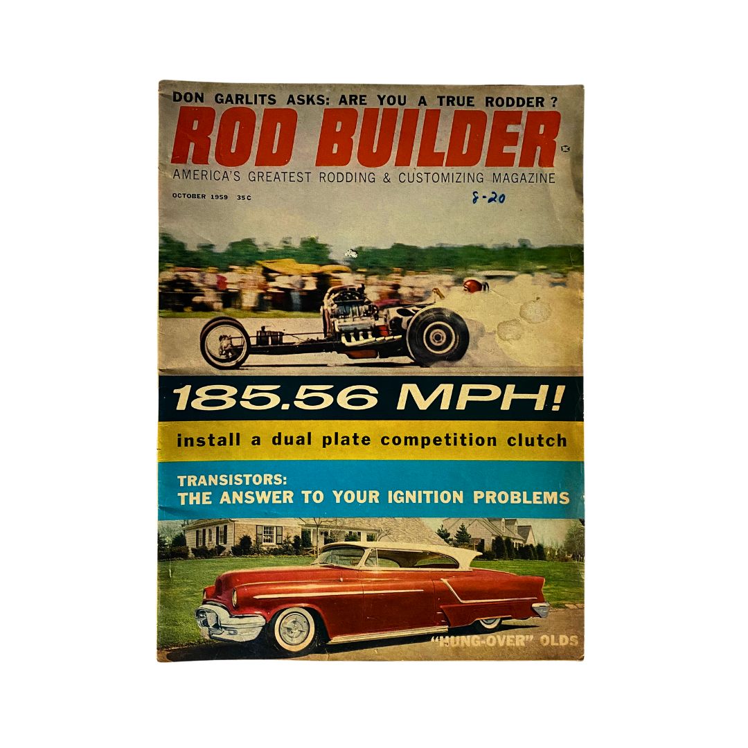VTG Rod Builder Magazine October 1959 cover featuring a dragster and a classic car, highlighting '185.56 MPH! install a dual plate competition clutch.'