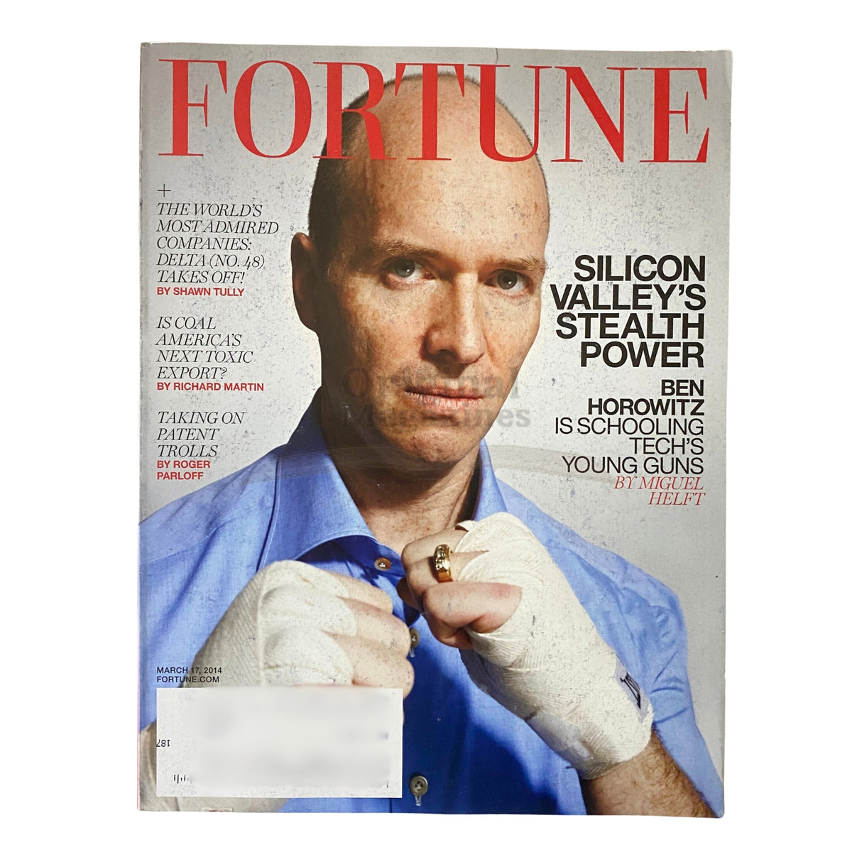 Cover of Fortune Magazine from March 17, 2014 featuring Ben Horowitz, titled 'Silicon Valley's Stealth Power'. The cover captures Horowitz with a serious expression, highlighting his influential role in the tech industry.