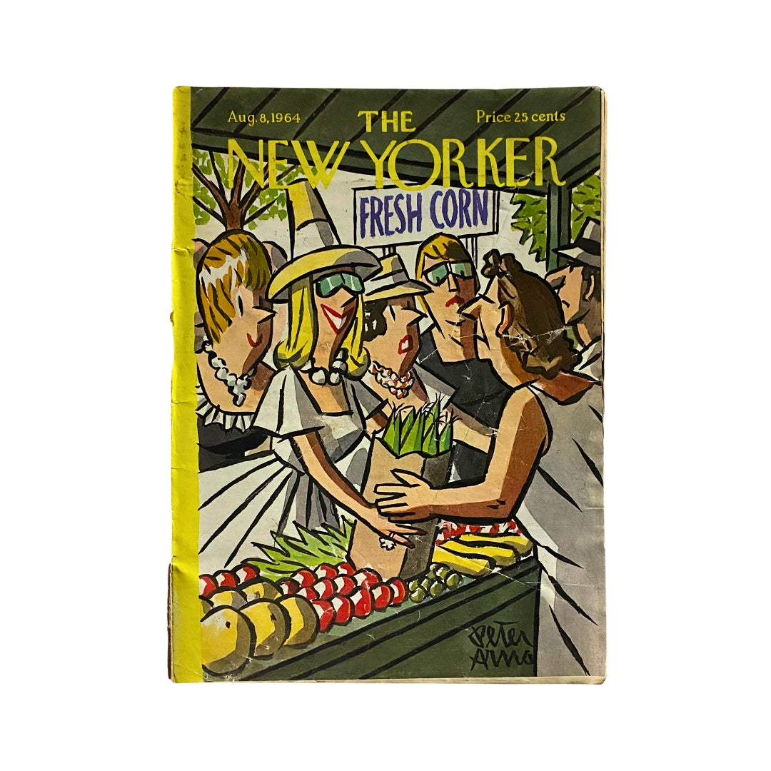 The New Yorker Complete Magazine August 8, 1964 featuring a colorful cover illustration by Peter Arno, depicting characters in a market setting engaging with fresh produce.