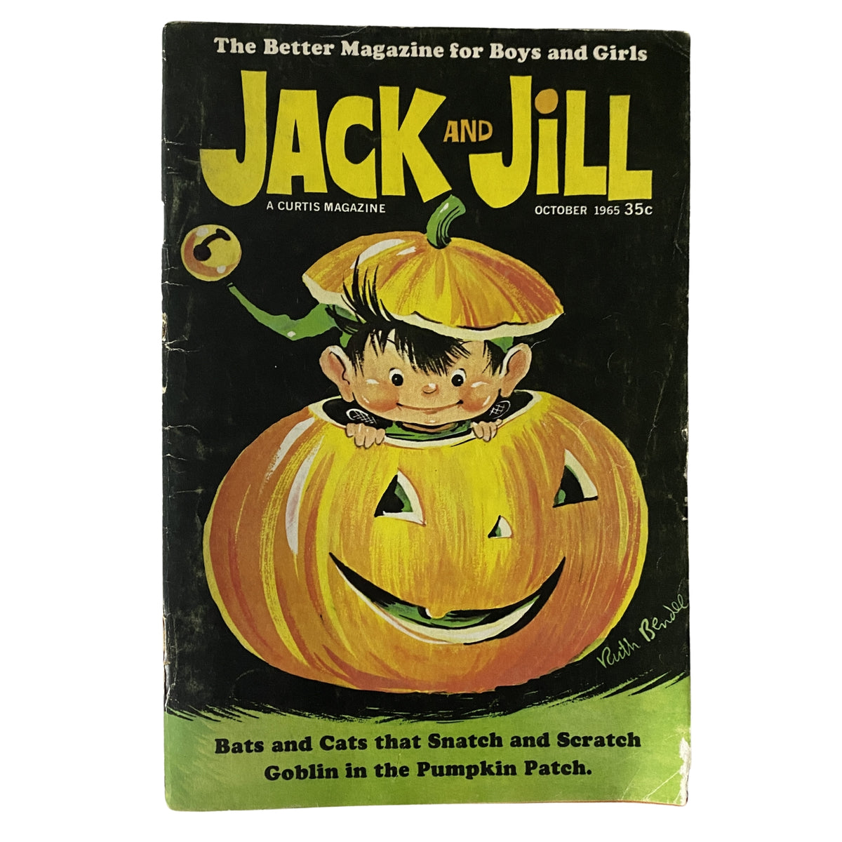 Cover of the Jack and Jill Story Magazine October 1965 featuring a child peeking out of a carved pumpkin. The magazine promotes Halloween themes and children's stories.