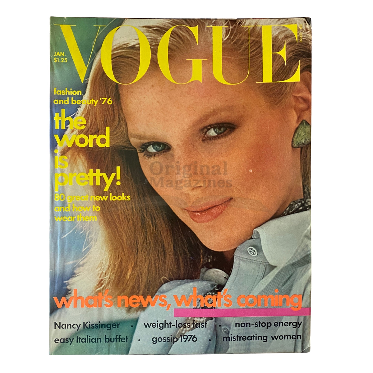 Vogue Magazine January 1976 cover featuring Patti Hansen and photography by Arthur Elgort, highlighting 1970s fashion trends.