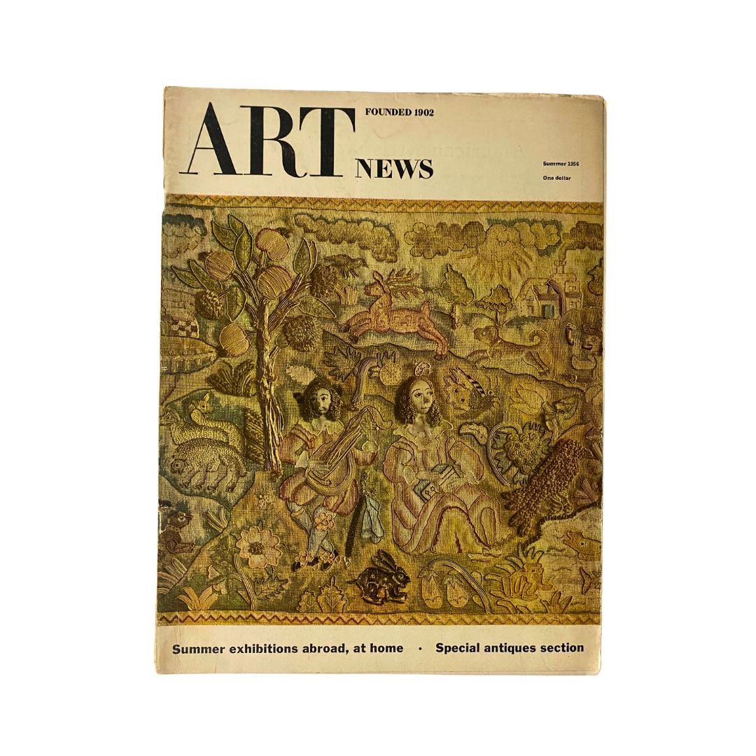 VTG Art News Magazine Summer 1956 featuring a cover image of a seventeenth-century needlework picture titled 'Two Musicians', highlighting vintage art history.