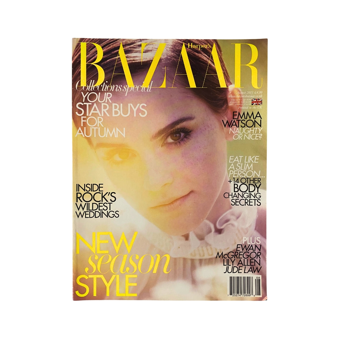 Harper's Bazaar UK Magazine August 2011 featuring Emma Watson on the cover, showcasing fashion trends and cultural insights for the summer.