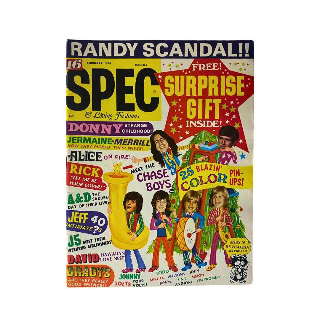 VTG 16 SPEC Magazine February 1974 featuring Randy Mantooth on the cover, showcasing vibrant 1970s pop culture with a colorful layout and promotional banner for a surprise gift inside.