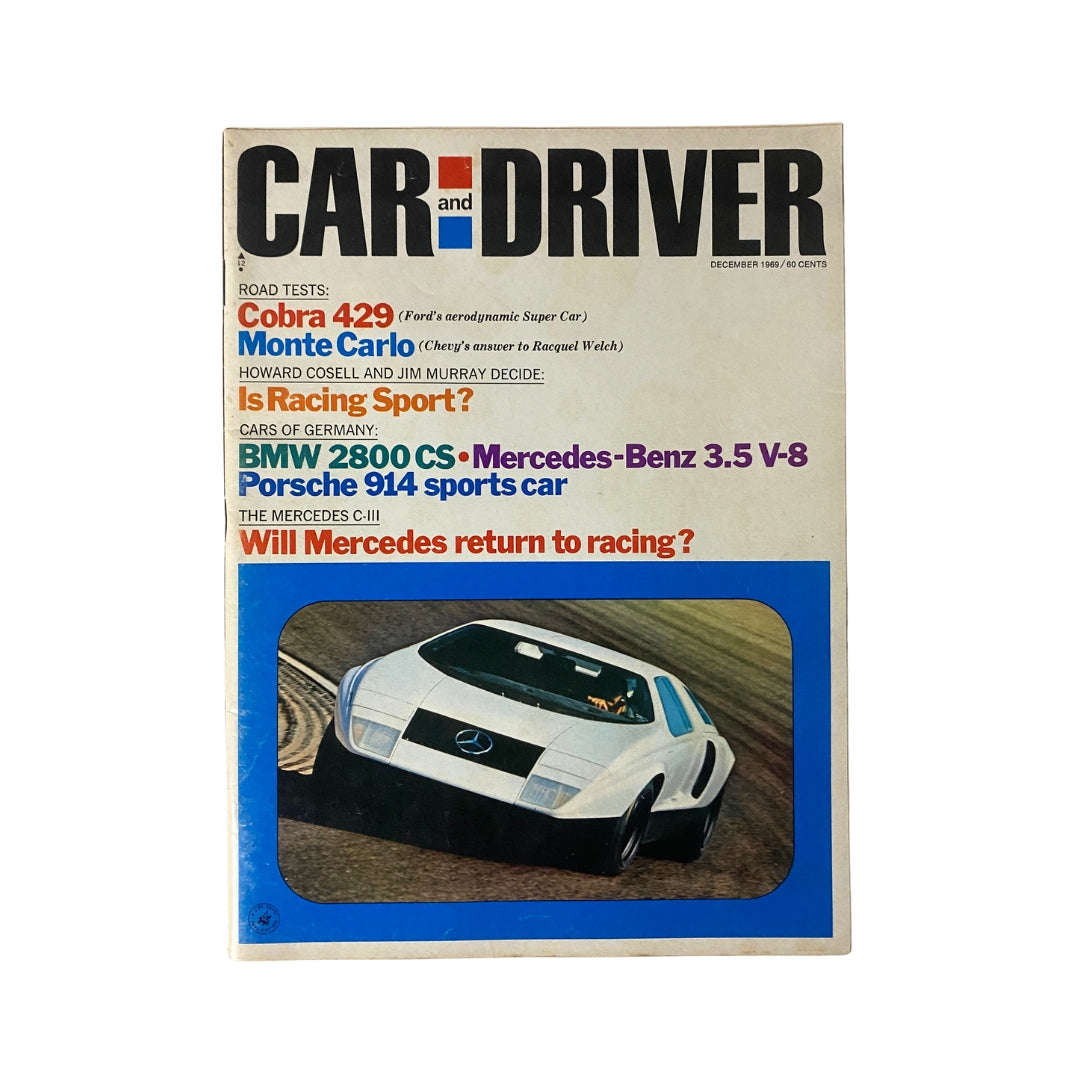 VTG Car and Driver Magazine December 1969 cover featuring the Cobra 429 and Monte Carlo, showcasing road tests and articles about German automotive engineering.