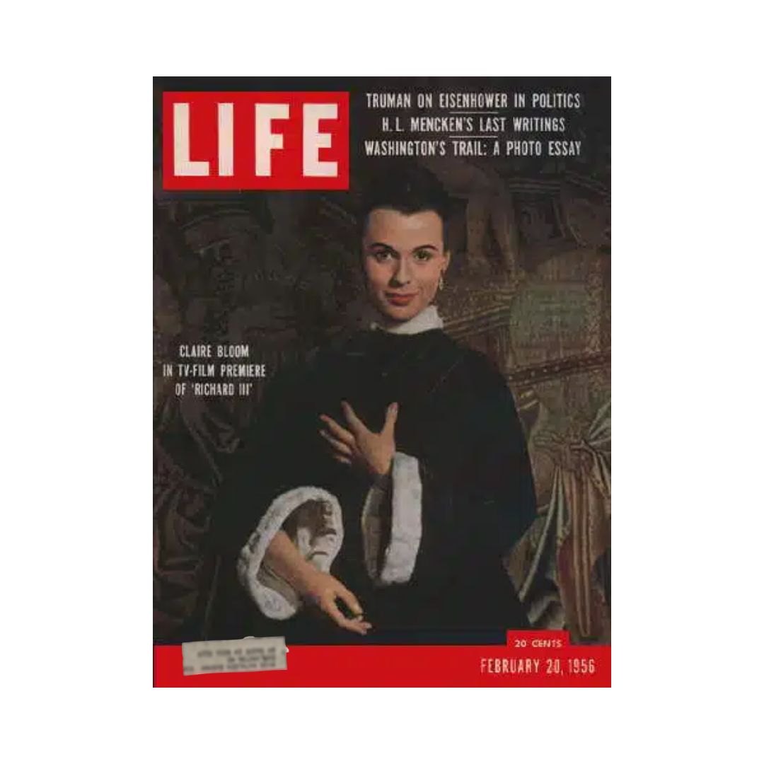Vintage Life Magazine cover from February 20, 1956 featuring Claire Bloom, highlighting her appearance in the TV-Film premiere of 'Richard III' and other significant cultural and political discussions of the era.