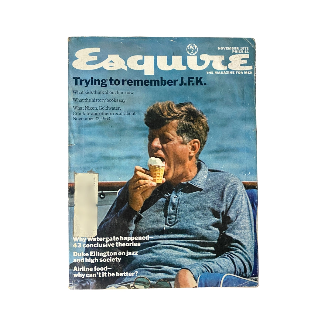 Cover of VTG Esquire Magazine November 1973 featuring John F. Kennedy with the headline "Trying to remember J.F.K" and artworks reflecting 1970s culture.